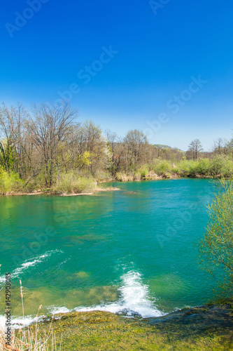  Beautiful landscape, waterfall, clear green water and on Mreznica river in Croatia. Beautiful world. Panoramic view. 
