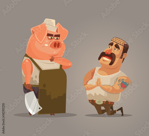 Revolt of farm animals. Angry pig trying protect itself. Piggy and butcher characters is reversed. Vector flat cartoon illustration