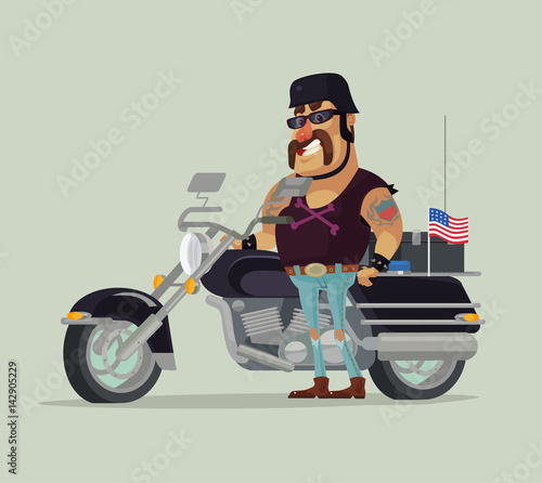 Fat old happy smiling man biker character standing near motorbike. Vector flat cartoon illustration