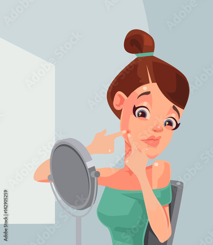 Woman character squeezing and removing pimple acne. Vector flat cartoon illustration