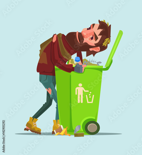 Unemployed homeless man look for food in trash can. Vector flat cartoon illustration