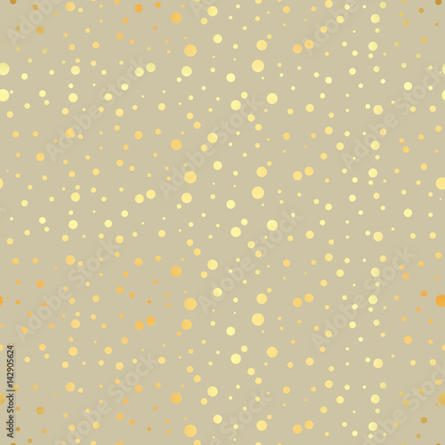 Gold circle seamless pattern. Abstract gold geometric modern background. Vector illustration. Shiny backdrop. Texture of gold foil. Art deco style. Polka dots, confetti.