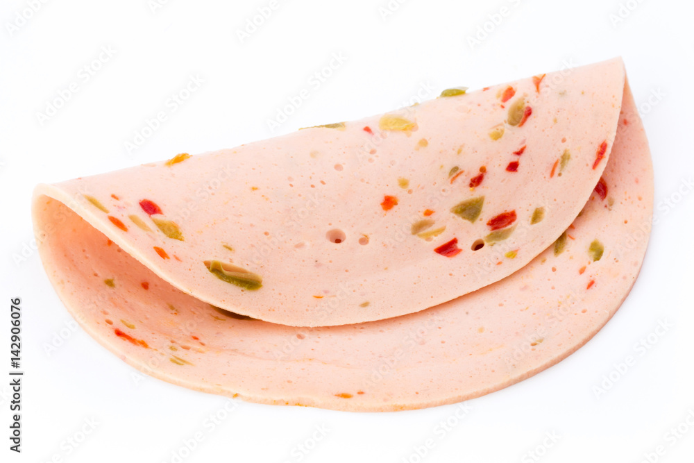 Sliced boiled ham sausage isolated on white background, top view. Sliced boiled ham sausage isolated on white background, top view.