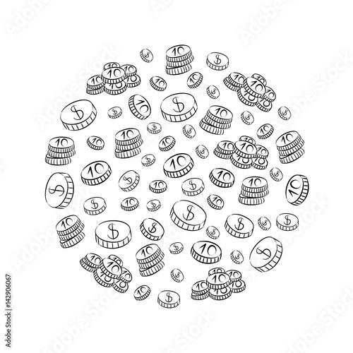 Hand Drawn Coins Arranged in a Shape of Circle. Doodle Drawings of Cash. Sketch Style. Vector Illustration.