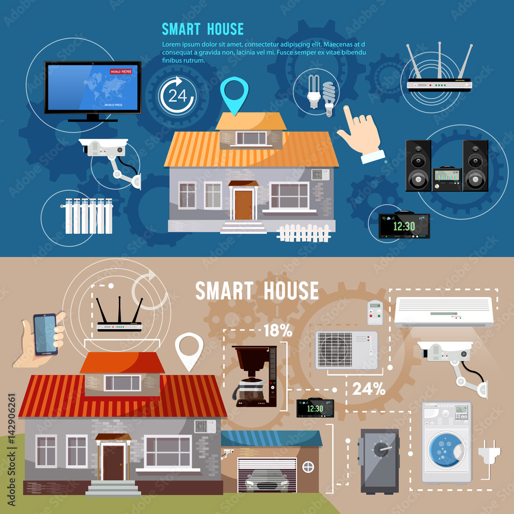 Vecteur Stock Smart house design concept. Remote control of house. Smart  home infographic banner. Modern technologies for household appliances |  Adobe Stock