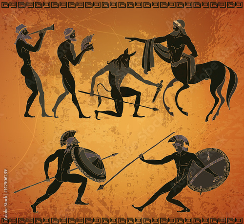 Ancient Greece scene. Ancient Greek mythology. Centaur, people, gods of an Olympus. Classical Ancient Greek style. Black figure pottery