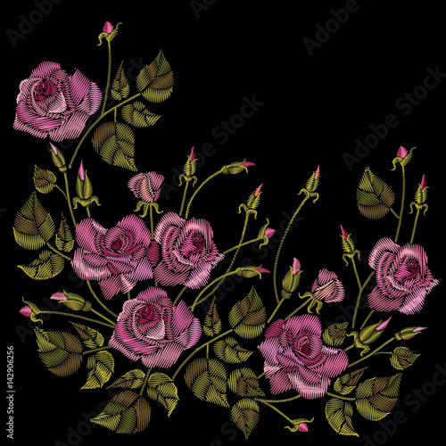 Roses embroidery on a black background. Classic style embroidery, beautiful roses flowers pattern vector