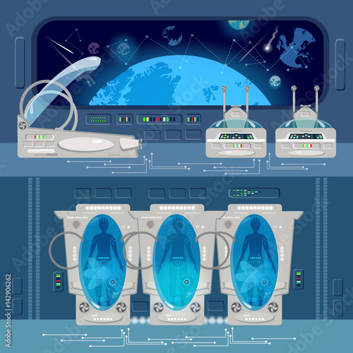 Astronauts in cryogenic cameras, deep space interior of interstellar ship. Space travel to other planets banner. Technologies of future, colonization of Universe