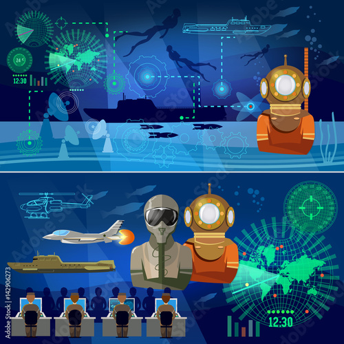 Modern army banners. Army aircraft, submarine, helicopter, rockets, military diver. Confrontation between the superpowers