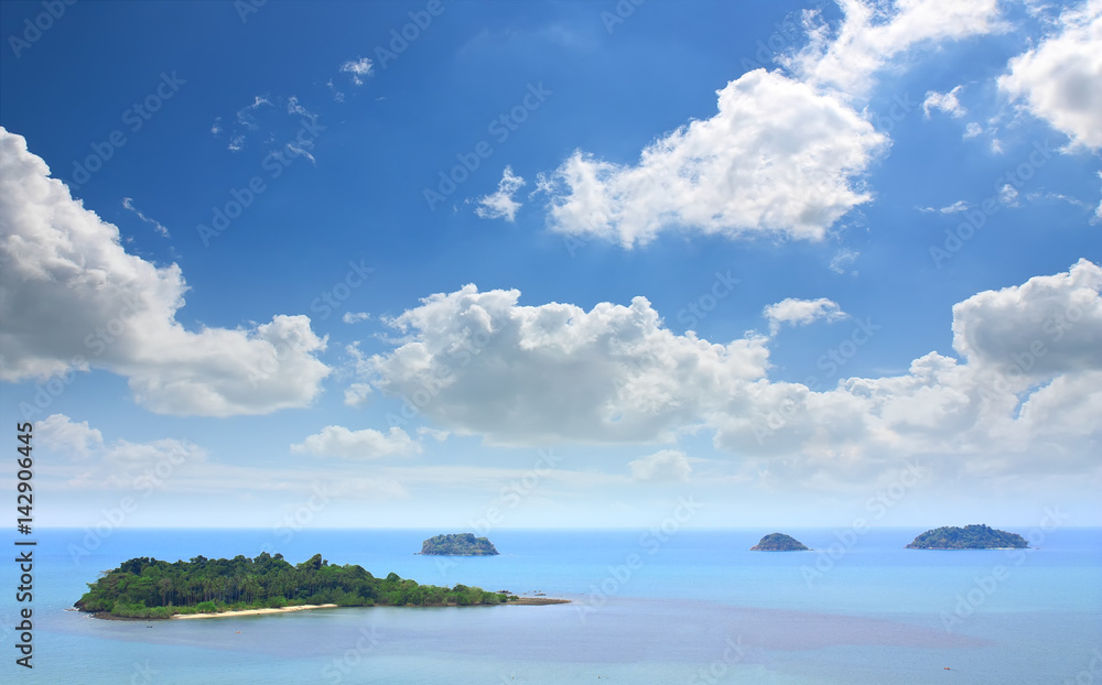 landscape or seascape sea and beach on the clear blue sky with the white cloud in koh chang or elephant island point at trad on summer holiday travel trip