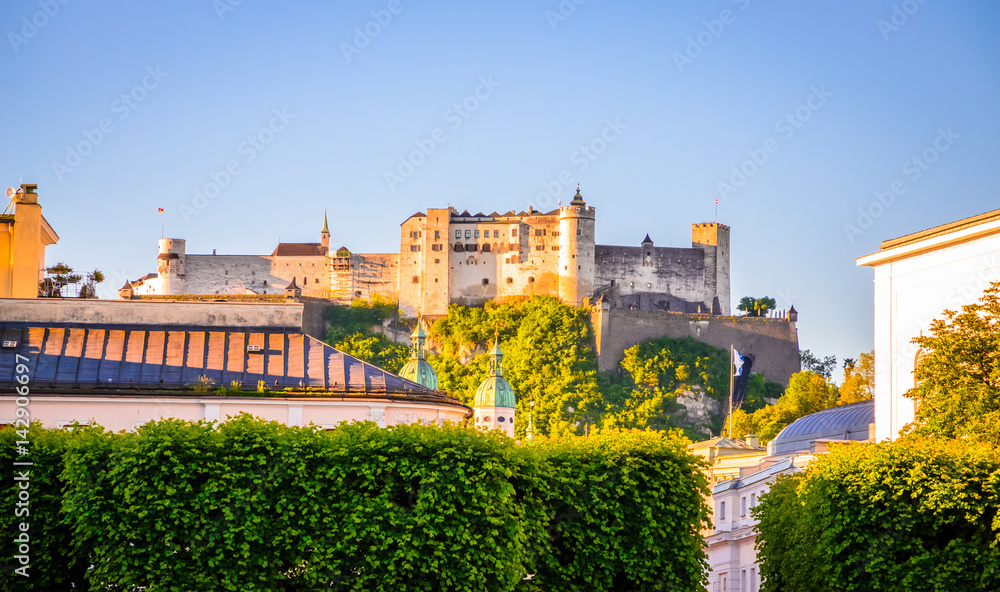 Beautiful view of Fortress Hohensalzburg from famous Mirabell Garden in Salzburg, Austria