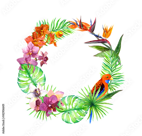 Fototapeta Naklejka Na Ścianę i Meble -  Tropical leaves, exotic birds, orchid flowers. Wreath frame. Watercolor