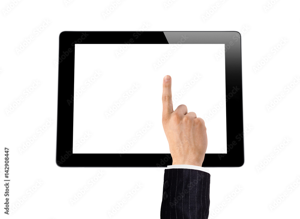 man hand make a choice on tablet isolated on white man hand make a choice on tablet isolated on white