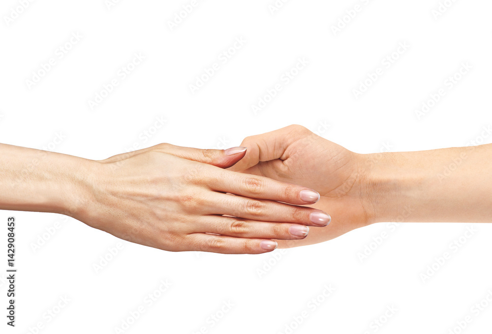 Women's hand goes to the man's hand isolated on white background