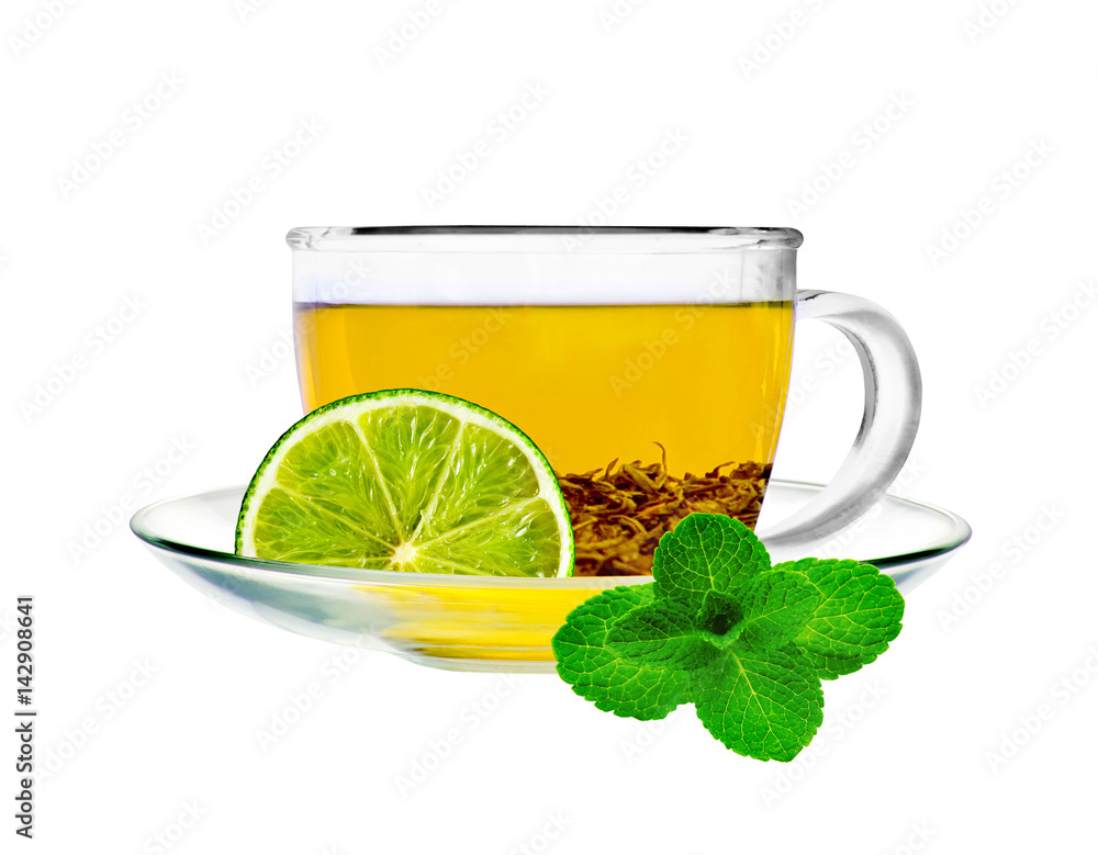 Transparent cup of green tea with lime and mint isolated on white Transparent cup of green tea with lime and mint isolated on white