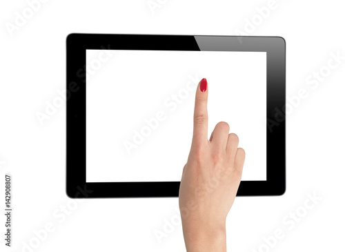 female hands holding a tablet isolated on white
