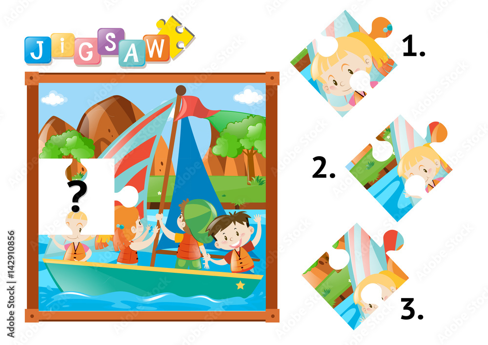 Fototapeta premium Jigsaw puzzle game with kids on sailboat