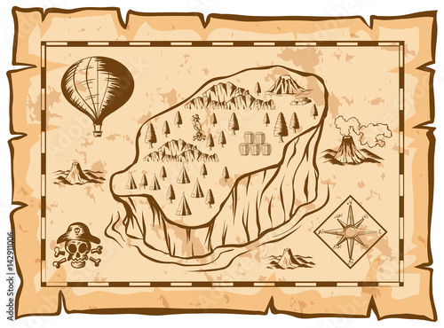 Treasure map with island and balloon