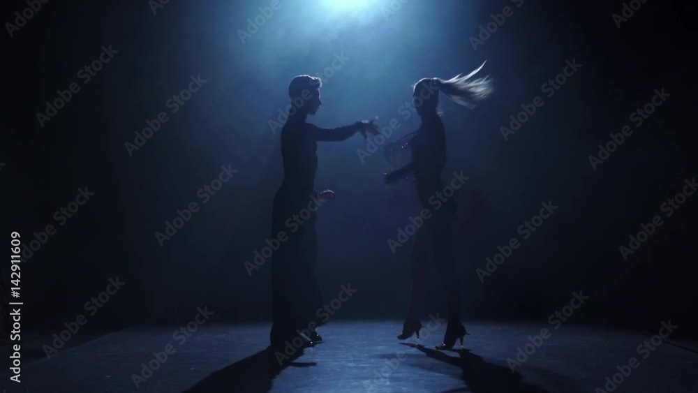 Dance element from the ballroom-sport program, slow motion silhouette Dance element from the ballroom-sport program, slow motion silhouette