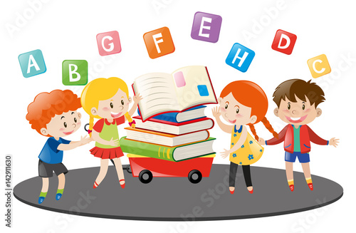 Four kids and books on wagon