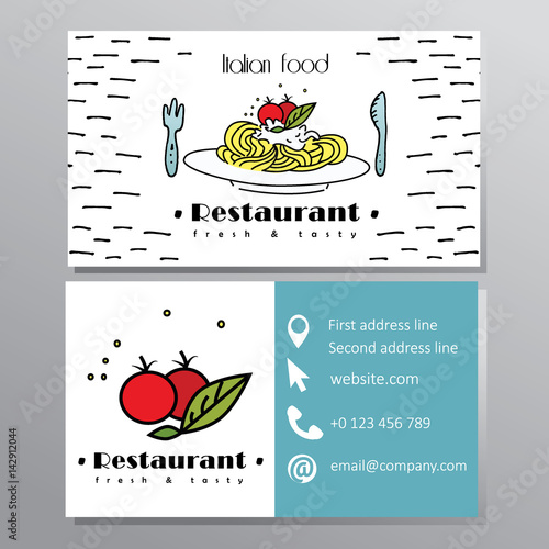 Italian food business card with pasta, basil and tomatoes