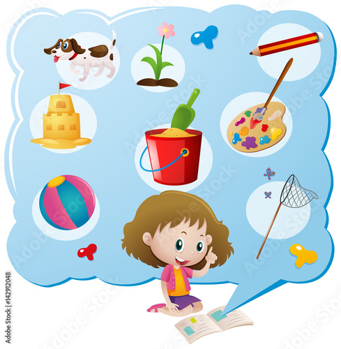 Girl and different favorite objects