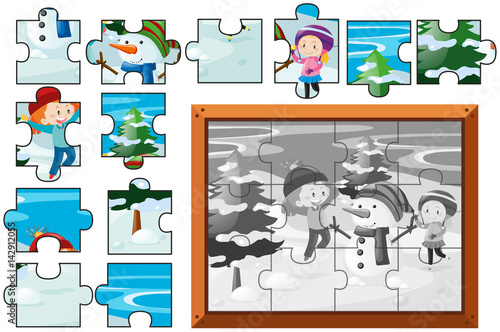 Jigsaw puzzle game with kids and snowman