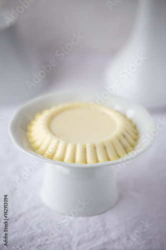 Panna Cotta with with chocolate on light background. North Italian dessert from cream, sugar and vanilla.