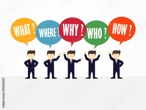 Cartoon working little people with speech bubbles. Vector illustration for business design and infographic.