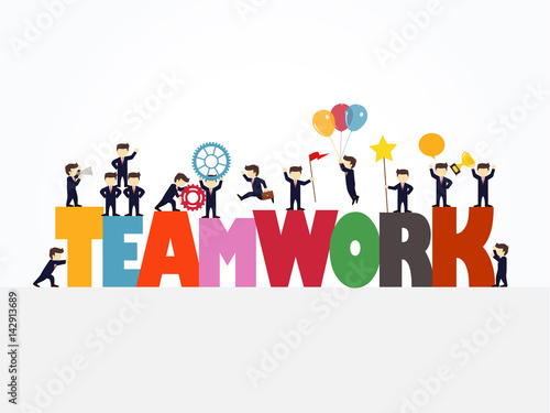 Cartoon working little people with  big word Teamwork. Vector illustration for business design and infographic.