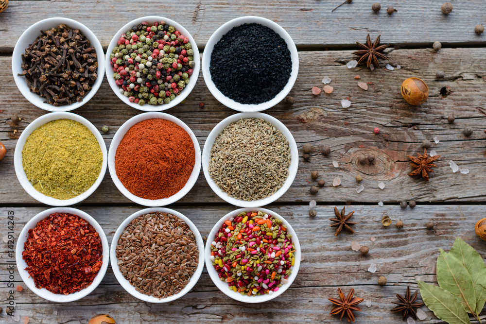 Various spices on wooden spoons. Food ingredients Various spices on wooden spoons. Food ingredients