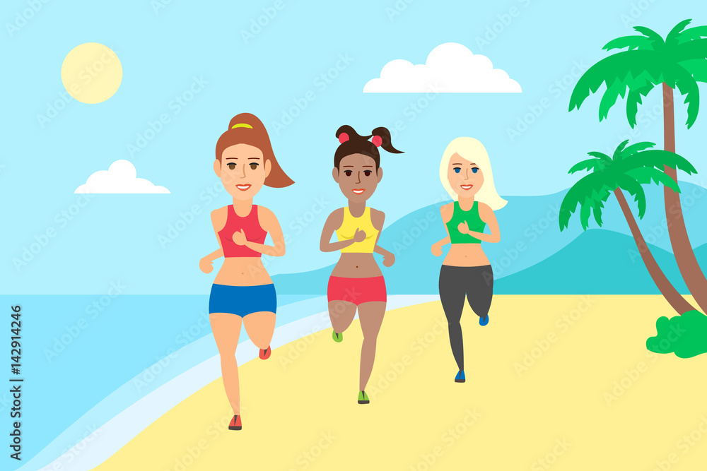 three beautiful sporty women running on the beach.healthy lifestyle