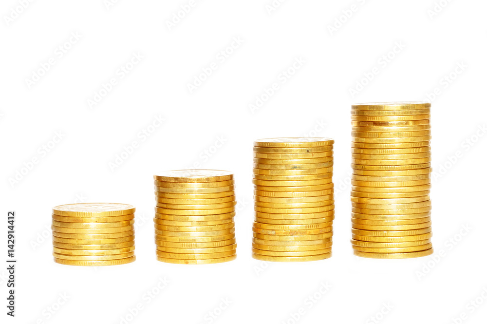 Savings, increasing columns of gold coins isolated on white background Savings, increasing columns of gold coins isolated on white background
