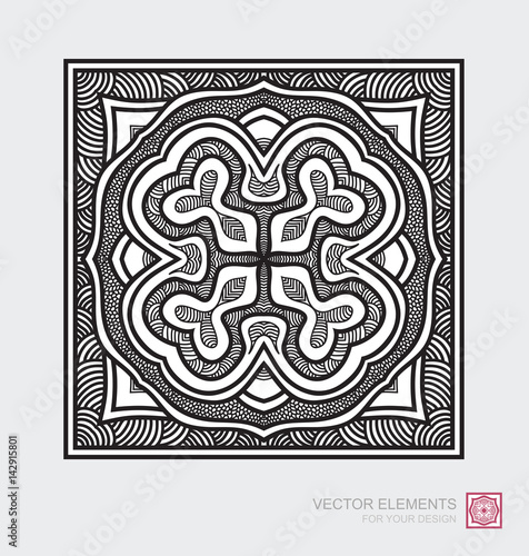Floral abstract ornament of square shape. Decorative monochrome tile design, Vector graphic elements. Modernist Minimalist Art.