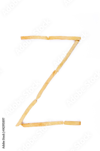 Alphabet letter Z laid with french fries. Alphabet letter food.