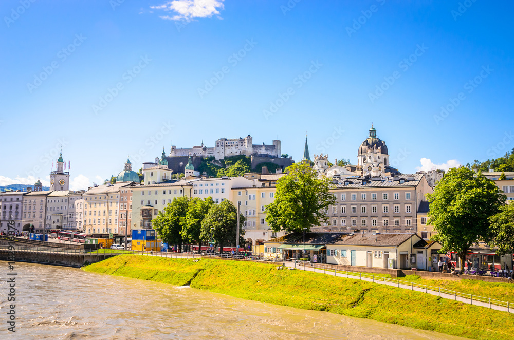 Beautiful view of Salzburg,  Fortress Hohensalzburg  and Salzach river in summer, Salzburg, Salzburger Land, Austria