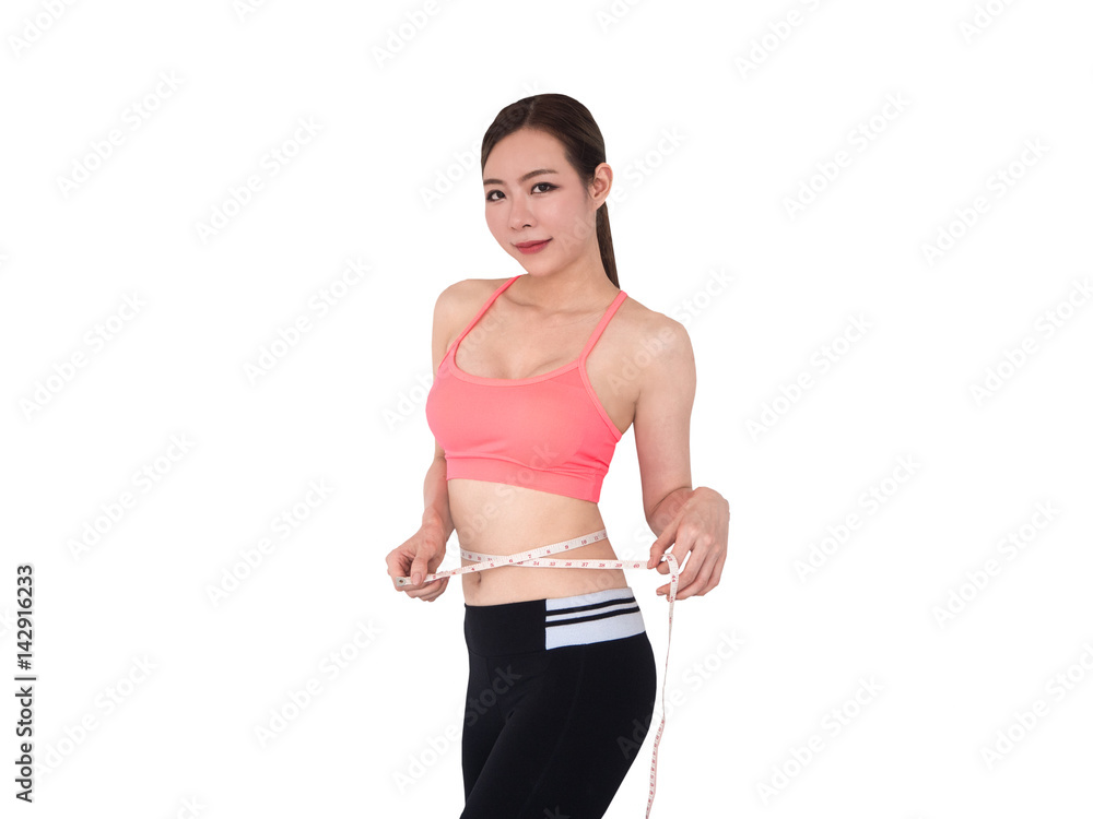 Woman measuring her body,sport girl,isolated on white background Woman measuring her body,sport girl,isolated on white background