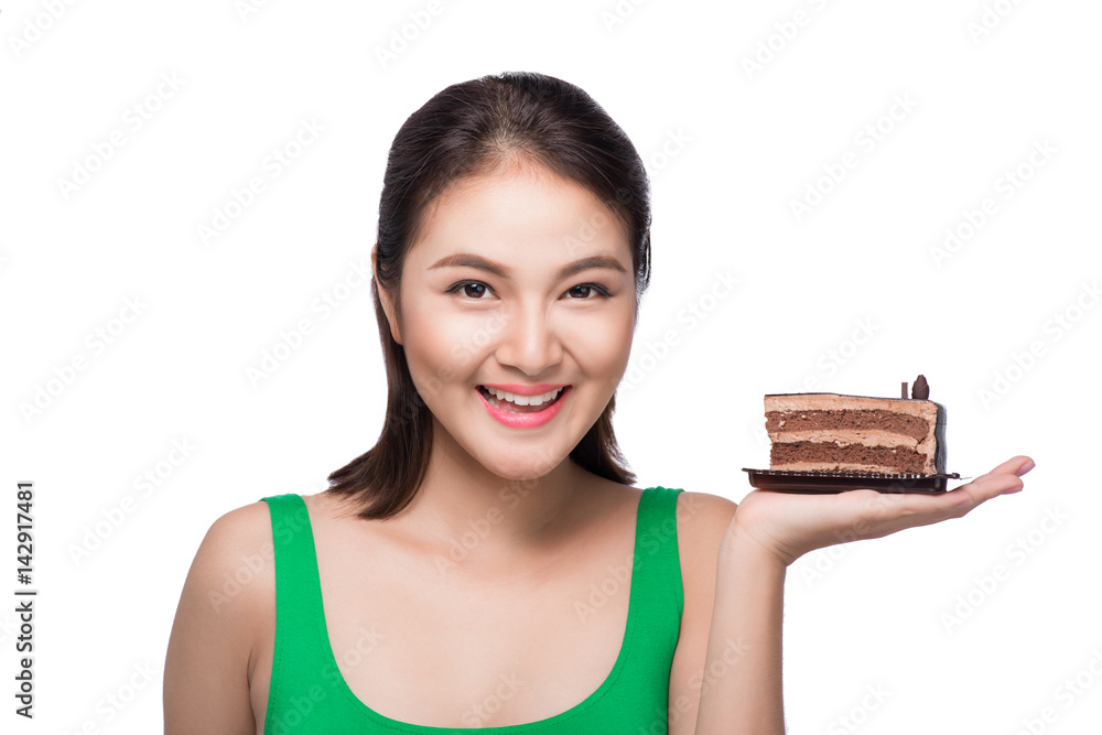 Beautiful smiling asian young woman with a chocolate cake isolated on white background. Beautiful smiling asian young woman with a chocolate cake isolated on white background.