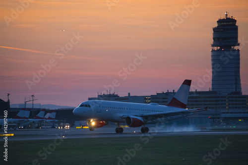 landing aircraft at the airport the evening, Schwechat, Austria