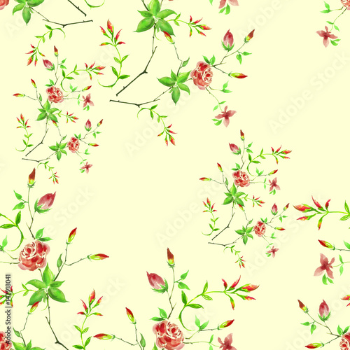 Vintage watercolor pattern - flowers, roses branch with buds, leaves. Seamless background.