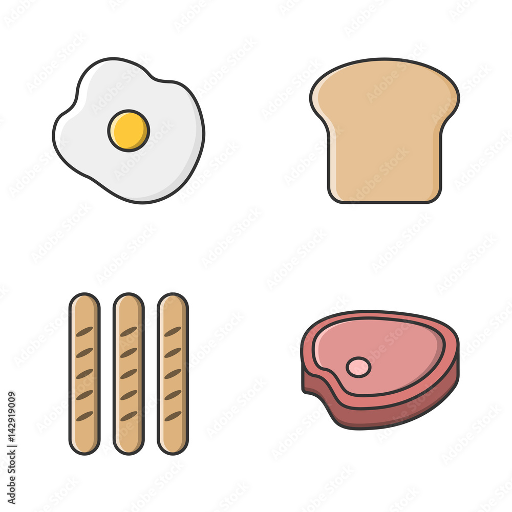 fried egg, bread, sausage and steak set collection icons vector