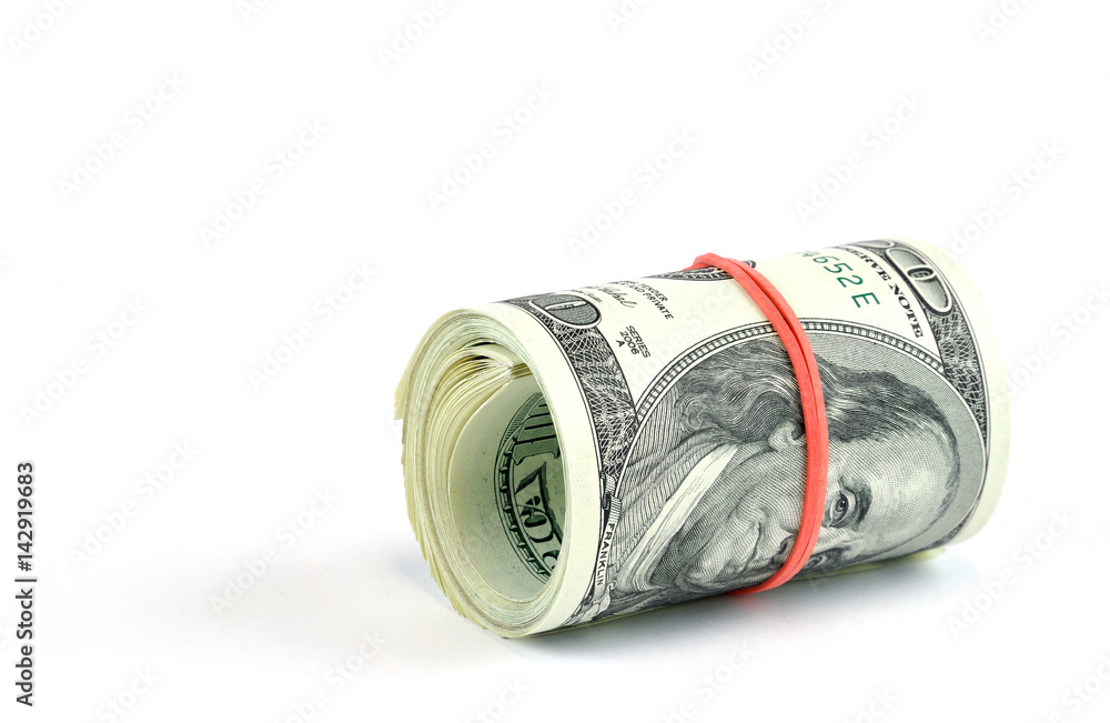 roll of hundred USA dollar bills with red rubber roll of hundred USA dollar bills with red rubber