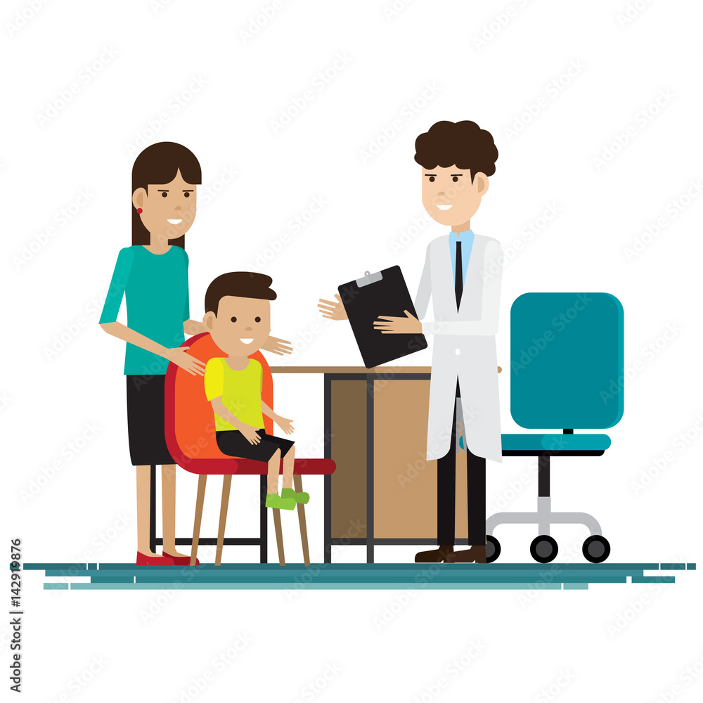 Obraz premium medical staff with mother and kid in room. Vector illustration