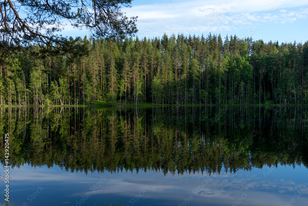 Beautiful lake with reflection of blue sky and evergreen forest in the north of Russia
