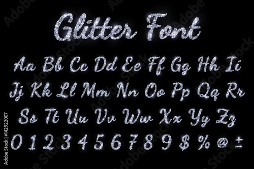 Silver glitter font on black background. Vector