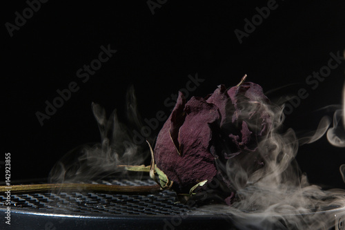 Withered rose in smoke