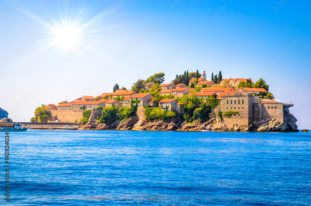  Sveti Stefan, old historical town and resort on the island. Montenegro.