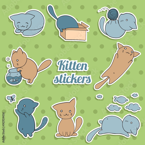 set of stickers with cute kittens on green background