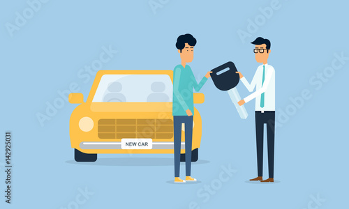 salesman and Deliver the car with flat cartoon character
