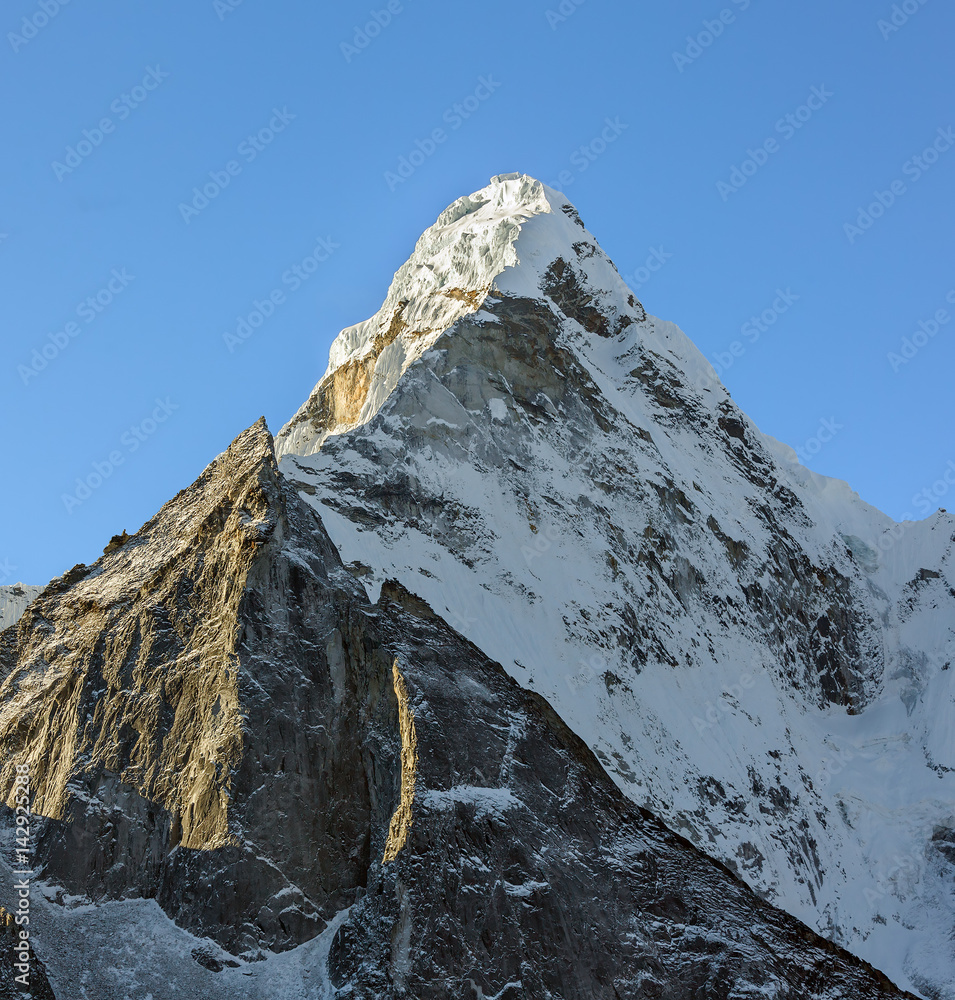 View of the top of the Ama Dablam (6814 m) from the valley of the Chhukhung - Nepal, Himalayas